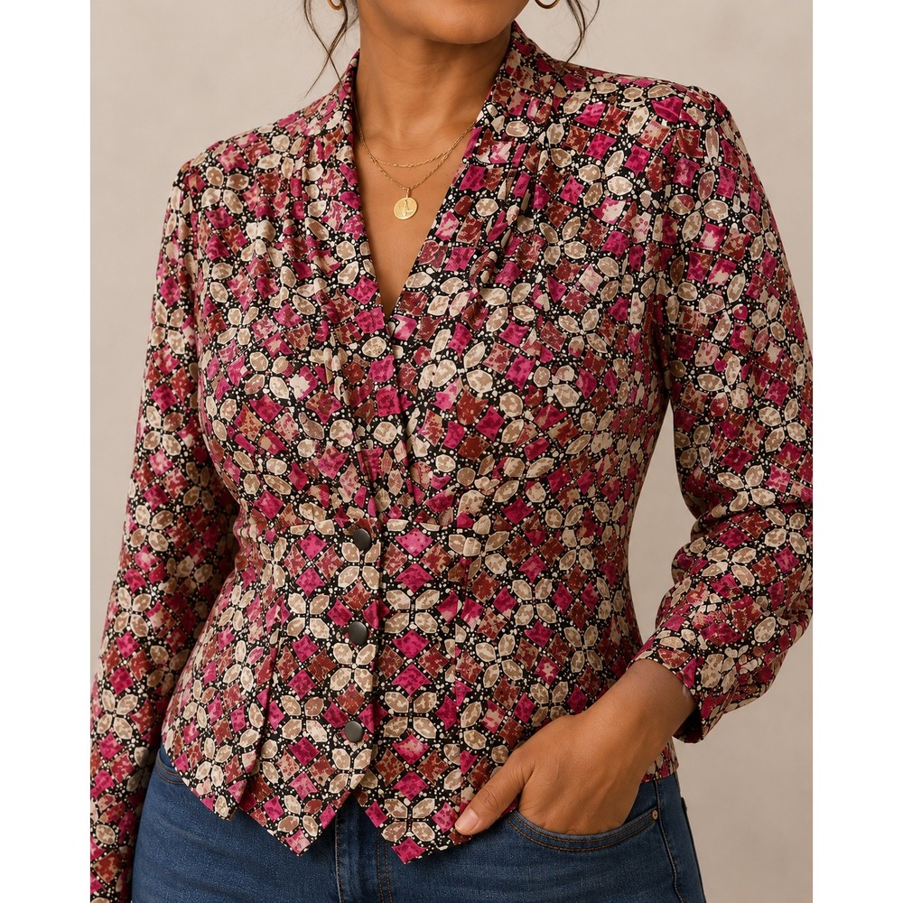M 127 Vintage Pierre Balmain Paris Geometric Print Blouse Pink Brown Black